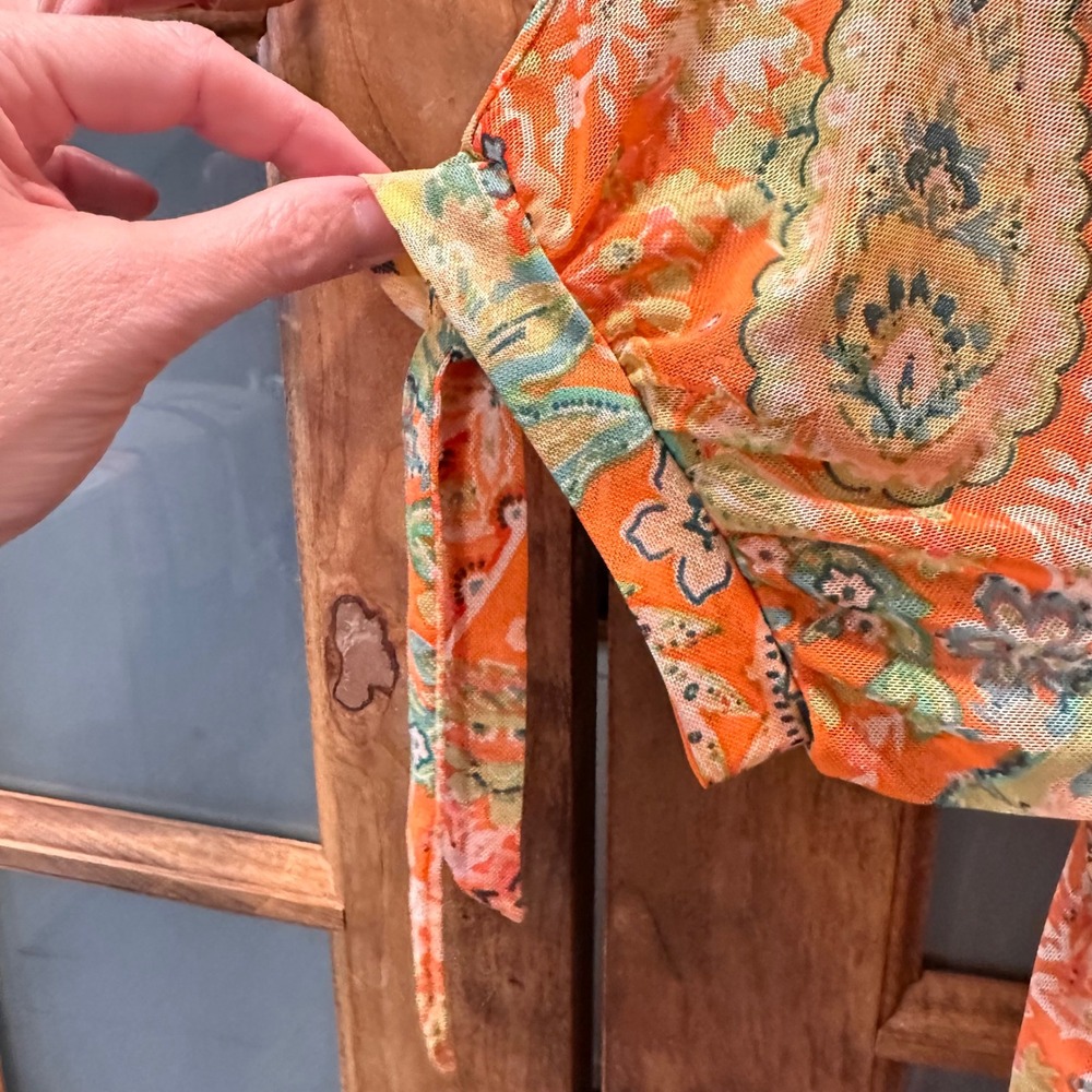 Joie de Vivre Tiered Mesh Midi Dress Women Size M Orange Paisley Smocked Waist - Picture 6 of 13